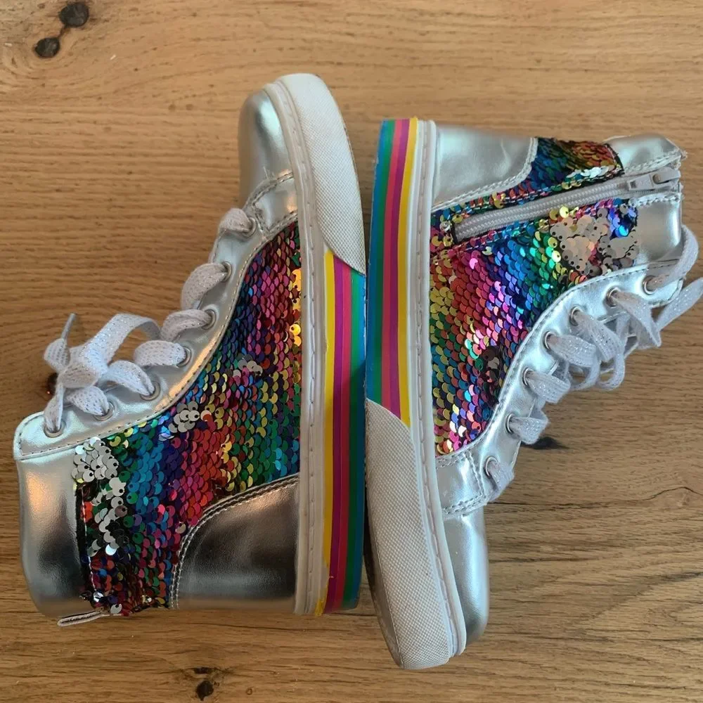 Girls Sequin High Top Sneakers Rainbow Side Zip Silver Shoes‎